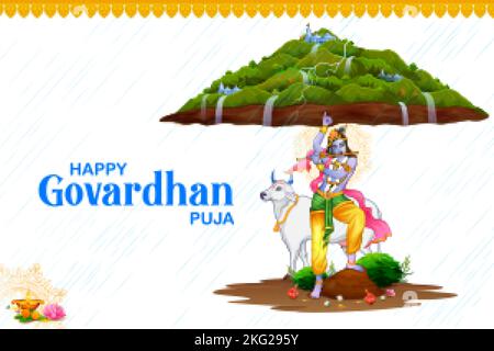 illustration of Lord Krishna lifting Govardhan mountain on Govardhan Puja festival background of India Stock Vector