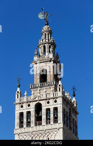 Seville Cathedral.  The Almohad decoration of the main section of the Giralda tower. Spain. Stock Photo