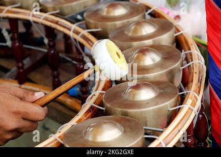 Traditional Khmer music. Gamelan instruments in a cambodian pagoda. Phnom Penh. Cambodia. Stock Photo