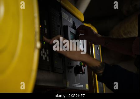 A detail shot shows the control panel of a generator onboard USCGC Hamilton (WMSL 753) while underway in the Atlantic Ocean, Oct. 22, 2022. Hamilton is on a scheduled deployment in the U.S. Naval Forces Europe area of operations, employed by U.S. Sixth Fleet to defend U.S., allied and partner interests. Atlantic Ocean,becce,engineers,hamilton22,machinery technician,mk, Stock Photo