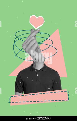 Photo collage cartoon comics sketch picture of guy korean heart gesture instead of head isolated drawing background Stock Photo