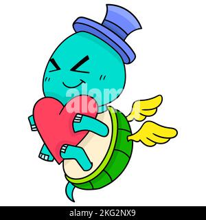 A vector illustration of a flying animal cartoon character holding a heart isolated on white background Stock Vector