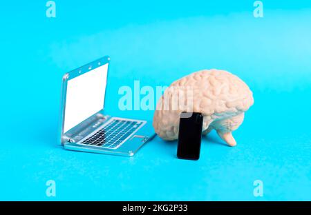 Anatomical copy of a human brain placed by miniature laptop and smartphone figurines isolated on blue background. Creative wise online stock trading c Stock Photo