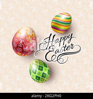 Spring, Easter Mock Up Scene with Colorful Eggs and Pattern Background, with Calligraphy Text, Top View Stock Vector