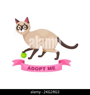 Adopt a cat, funny Siamese kitten playing with ball with pink banner adopt me. Isolated cartoon vector shelter promotion to help feline animals finding owner. Cute playful homeless kitty character Stock Vector