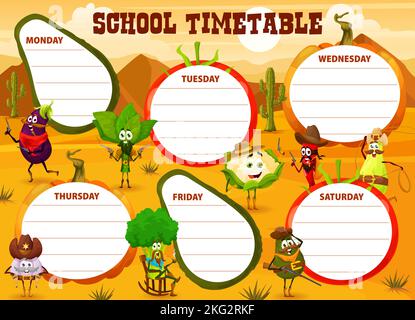 Timetable schedule. Cartoon cowboy, bandit, sheriff and ranger vegetable characters. Kids lesson timetable with eggplant, spinach and garlic, broccoli, cauliflower and zucchini, pepper and avocado Stock Vector