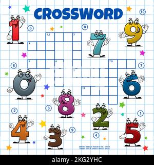 Cartoon math numbers and digits, crossword grid to find word, vector ...