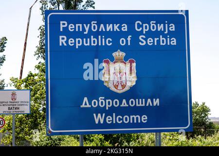 Romania-Serbia border crossing sign Stock Photo