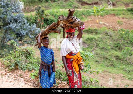 Mother and daughter carrying firewood in western Rwanda Stock Photo - Alamy