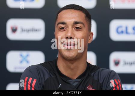 Belgium's Youri Tielemans pictured during a press conference of the Belgian national soccer team the Red Devils, at the Hilton Salwa Beach Resort in Abu Samra, State of Qatar, Monday 21 November 2022. The Red Devils are preparing for the upcoming FIFA 2022 World Cup in Qatar. BELGA PHOTO BRUNO FAHY Stock Photo