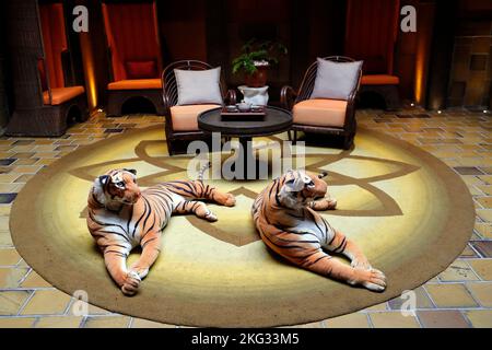 Legacy Yen Tu 5 stars hotel. Lobby with two tigers. Uong Bi. Vietnam. Stock Photo