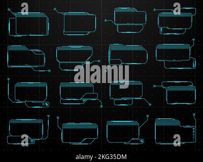 Hud callout titles. Digital info boxes, information frames and cyberpunk call box bars. Digital control panel messages futuristic borders or frames, game interface neon vector titles or banners Stock Vector