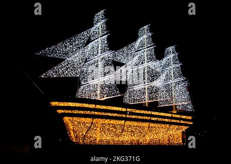 Christmas lights dedicated to the Italian navy ship Amerigo Vespucci, during the Christmas event called 'fairy tales of light'which was held in the city of Gaeta. Credit: Vincenzo Izzo/Alamy Live News Stock Photo