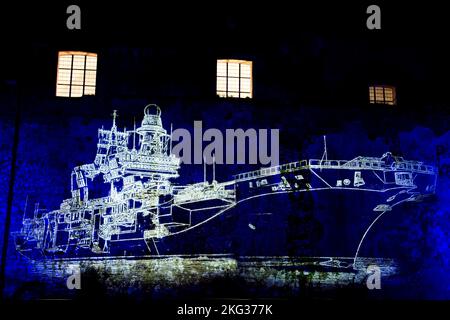 Projection of the Italian military aircraft carrier Stovl also called 'Cavour', during the Christmas event called 'fairy tales of light'which was held in the city of Gaeta. Credit: Vincenzo Izzo/Alamy Live News Stock Photo