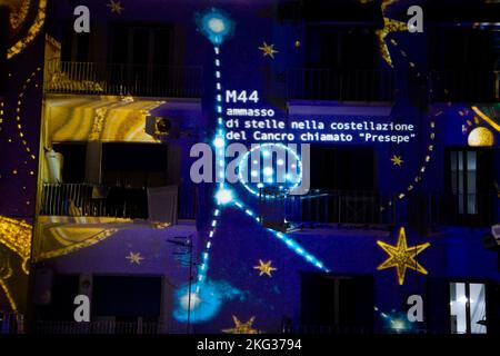 Light projection depicting the constellation Cancer also called crib, during the Christmas event called 'fairy tales of light'which was held in the city of Gaeta. Credit: Vincenzo Izzo/Alamy Live News Stock Photo