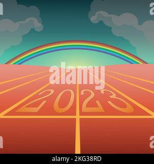2023 New Year celebration on the racing lane with rainbow on background. New Year arrival concept Stock Vector