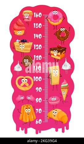 Kids height chart. Cartoon desserts, cakes, donuts and sweets, ice cream and pastry. Growth measure ruler scale with funny cheesecake, chocolate croissant and pudding or cookie, waffle and donut Stock Vector