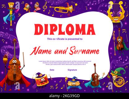 Kids diploma, sound and music waves, mage and wizard musical instrument characters, vector education certificate. Kindergarten appreciation award with cartoon violin sorcerer, harp and drum magicians Stock Vector