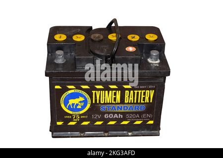 The battery of a car of black color of the Tyumen battery plant on a white background. Russia, Tyumen- 06.01.2022 Stock Photo
