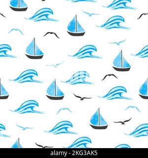 Seamless sea pattern with blue watercolor waves and boats. Stock Vector