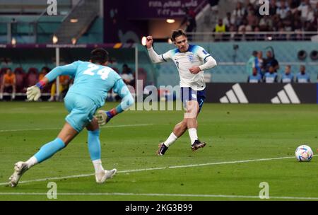 England's Jack Grealish scoring his sides sixth goal during the FIFA World Cup Group B match at the Khalifa International Stadium, Doha. Picture date: Monday November 21, 2022. Stock Photo