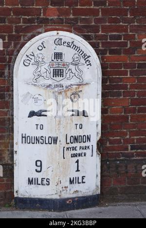 city of Westminster old metal milestone, between London and Hounslow, London, England Stock Photo