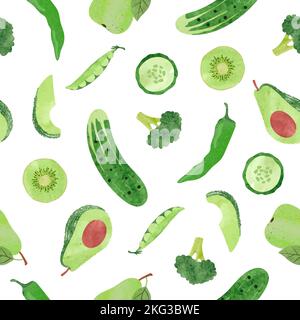 Seamless pattern with watercolor green vegetables and fruits. Stock Vector