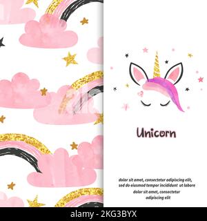 Cute cartoon unicorn vector illustration and seamless rainbow pattern. Magic set for kids. Stock Vector