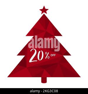 20% OFF. Twenty percent discount on background of the Red Christmas Tree made of 3D triangles. Handwritten, brush calligraphy. Stock Vector