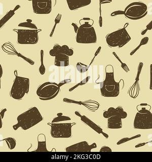 Seamless pattern with doodle kitchen utensils. Stock Vector