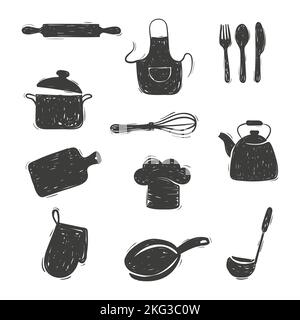 Kitchen utensils set. Vector hand drawn illustration. Doodle tool Icons Stock Vector