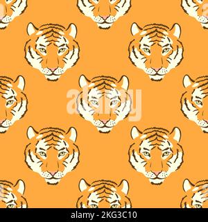 Vector orange seamless pattern with tiger heads. Stock Vector