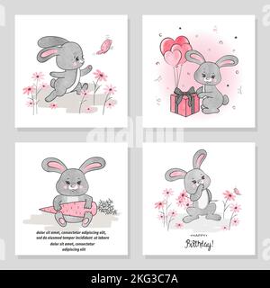 Set of cute cartoon rabbits. Vector watercolor bunny illustration. Birthday or Easter card design. Stock Vector