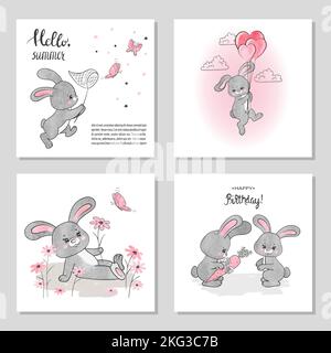 Set of cute cartoon rabbits. Vector watercolor bunny illustration. Birthday or Easter card design. Stock Vector