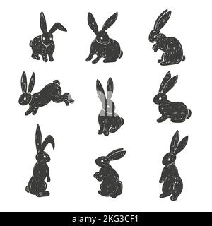 Set of cute bunnies. Easter vector sketch illustration of rabbits Stock Vector