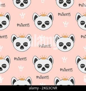 Seamless lemur princess pattern. Baby print with cute animals. Stock Vector