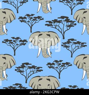 Seamless African pattern with elephant heads and trees Stock Vector