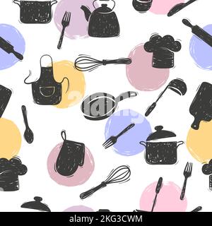 Seamless pattern with doodle kitchen utensils. Cooking food vector illustration. Stock Vector