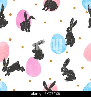 Seamless Easter pattern with cute bunnies and watercolor eggs. Stock Vector