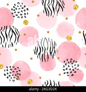 Seamless dotted pattern with pink circles and zebra print. Vector abstract background with watercolor shapes. Stock Vector