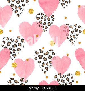 Abstract pink watercolor hearts pattern with leopard print. Valentines Day seamless background. Stock Vector