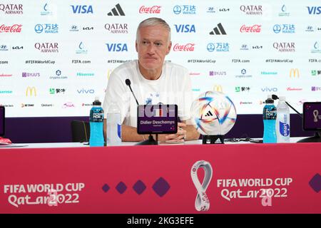 Head Coach of France Didier Deschamps speaks during the France Press Conference at Main Media Center during the FIFA World Cup 2022 on November 21, 2022 in Doha, Qatar - Photo: Jean Catuffe/DPPI/LiveMedia Stock Photo