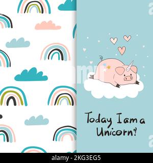 Cute cartoon pig unicorn on the cloud and rainbow pattern for kids design. Stock Vector