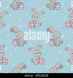 Seamless Easter pattern with cute watercolor bunnies and eggs. Stock Vector