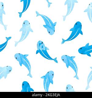 Seamless sea pattern with blue watercolor fish silhouettes. Stock Vector