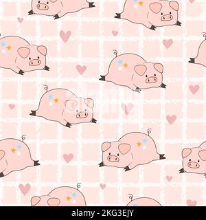 Seamless pattern with cute cartoon pigs and hearts Stock Vector
