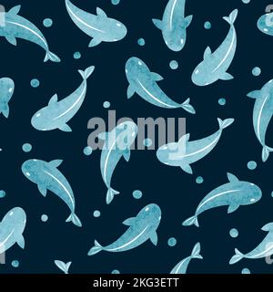 Seamless sea pattern with blue watercolor fish silhouettes. Marine illustration. Stock Vector