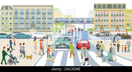 Cars on the road junction in traffic jam with pedestrian crossing, illustration Stock Vector