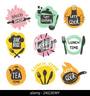 Doodle cooking food logo set. Hand drawn vector kitchen badges, labels. Stock Vector