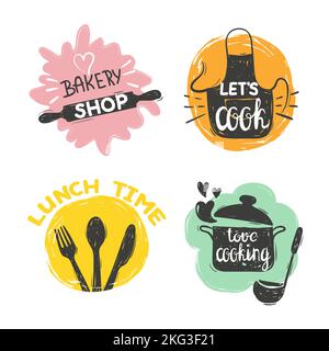 Doodle cooking food logo set. Hand drawn vector kitchen badges, labels. Stock Vector